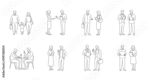 Line art illustration depicting diverse business people in various meeting scenes