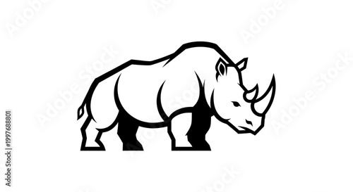 Canvastavla Black and white illustration of a powerful rhinoceros standing, depicted in a strong and stylized graphic art style