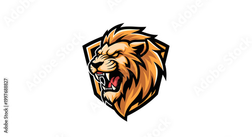 Quadro em tela A fierce and powerful golden lion head mascot emblem with an open mouth and sharp fangs, set within a dark shield, representing strength and courage