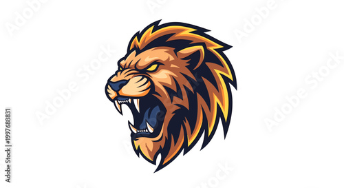 Photos A fierce and aggressive stylized lion head roaring with an open mouth and sharp teeth, depicted in warm tones with dark accents, suitable for a mascot or logo