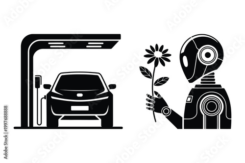 Robot offering flower at electric vehicle charging station with charging