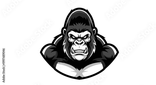 A fierce, black and white illustration of a gorilla's head and shoulders.