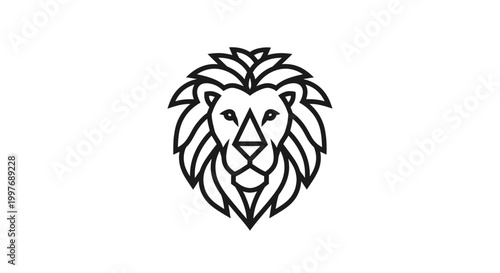 Minimalist black and white line art illustration of a majestic lion's head, facing forward, suitable for a logo or icon.