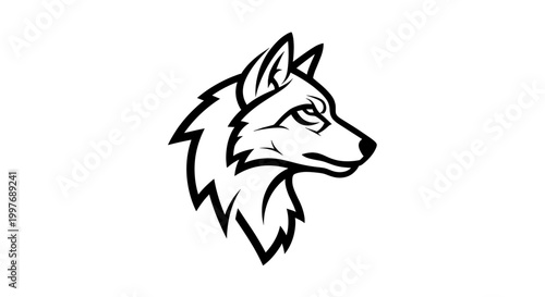 A black and white graphic illustration of a wolf's head in profile, featuring a strong and fierce expression, suitable for a logo or mascot design.