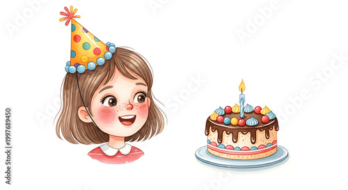 Illustration of a girl with a cute birthday cake on a white background