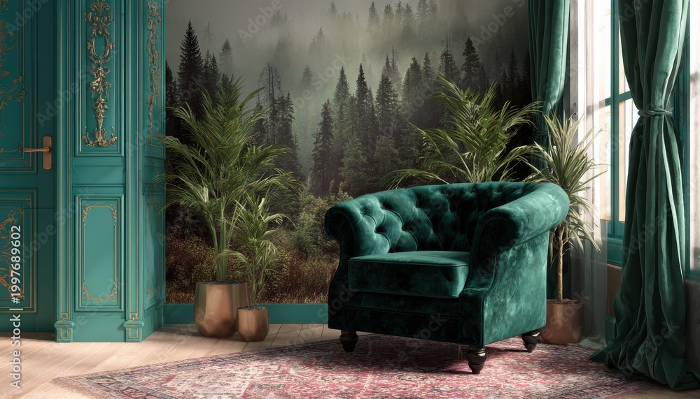 Obraz premium A luxurious green velvet armchair placed in front of a large window with curtains next to a nature-themed wall mural