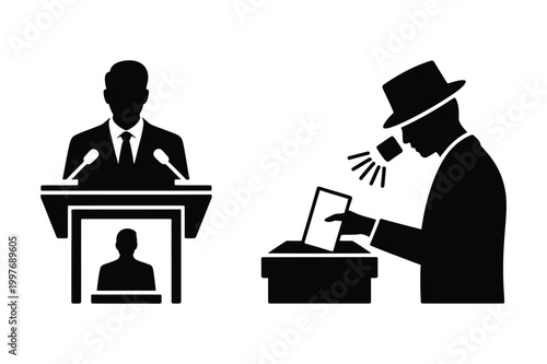Politician at podium and person casting vote with politician election politics