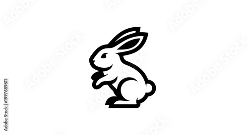 A minimalist black and white illustration of a cute bunny rabbit standing on its hind legs.