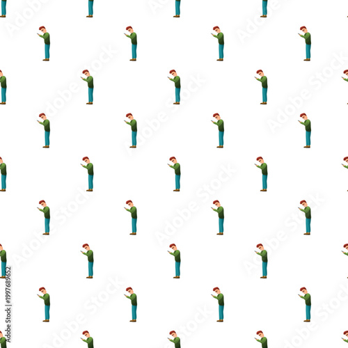 Young man standing and endlessly scrolling social media on a smartphone in a seamless pattern