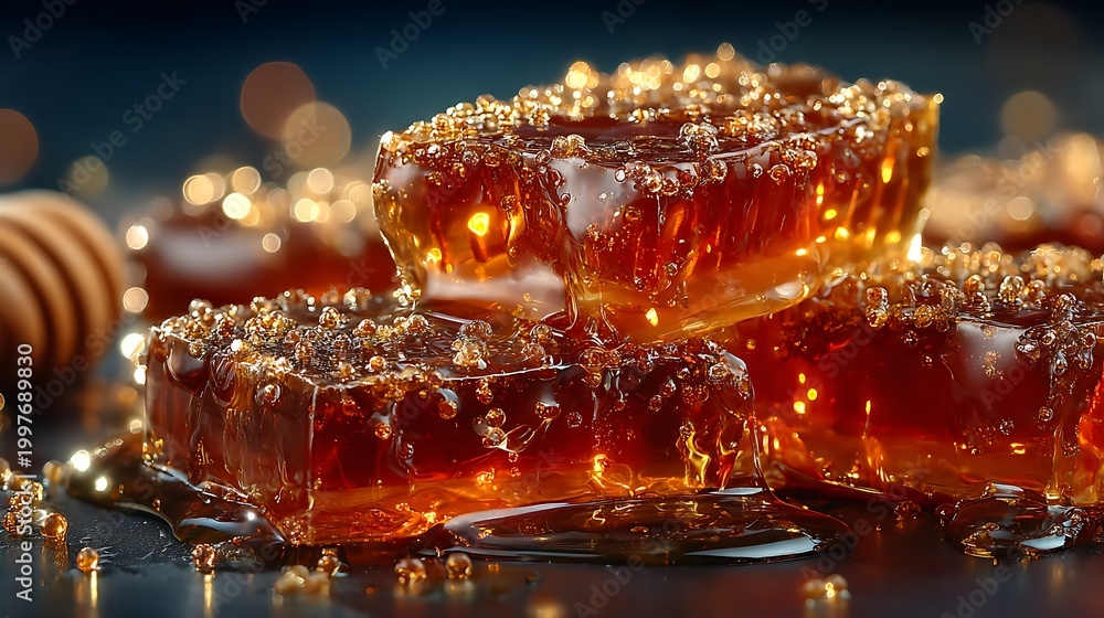 Naklejka premium Close up hexagonal honey cells with nectar pictures