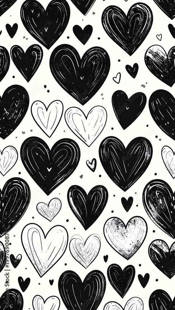 Fototapeta premium Monochrome pattern with various sized hand-drawn hearts against a creamy off-white backdrop. Shapes in black and white repeat