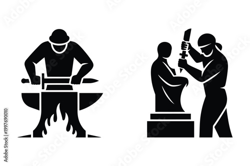 Blacksmith hammering metal on anvil with fire and sculptor chiseling statue