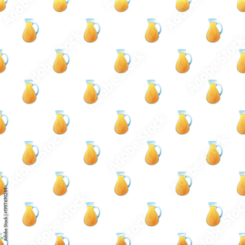Cartoon orange juice pitchers creating a fresh seamless pattern over a white background