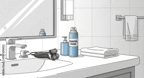 Bathroom countertop with toiletries and towels.