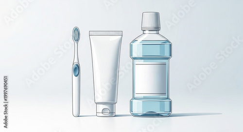 Toothbrush toothpaste mouthwash bathroom essentials.