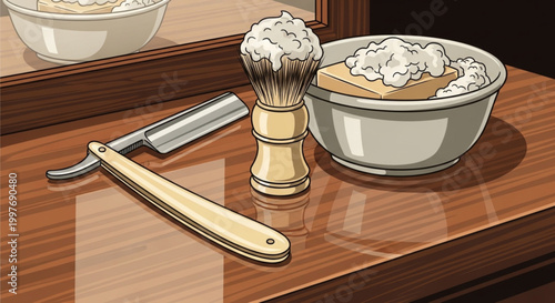 Vintage shaving kit on wooden table.