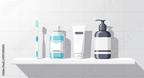 Bathroom shelf with hygiene products.
