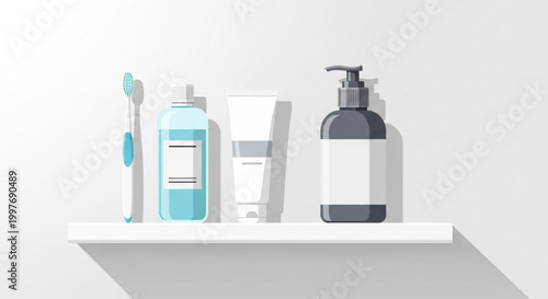 Bathroom shelf with toiletries and products.