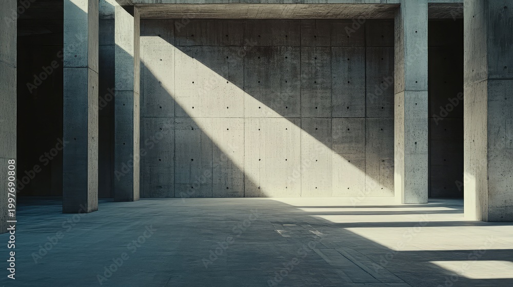 Fototapeta premium Concrete building interior showcasing minimalist brutalist architecture with strong geometric forms, creating dynamic shadows and emphasizing the solid, modern, and sturdy construction