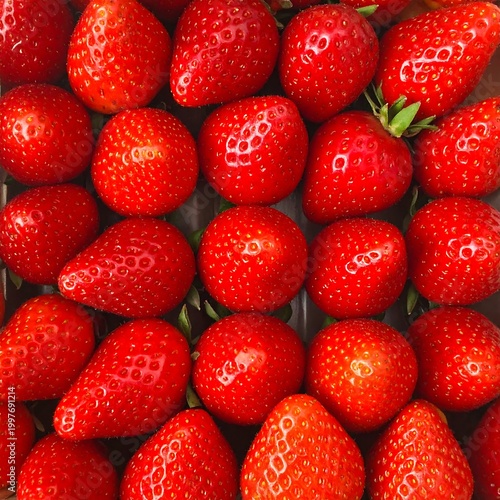 Overhead shot of a container filled with ripe, luscious strawberries. Each berry showcases vibrant red hues and a glossy texture