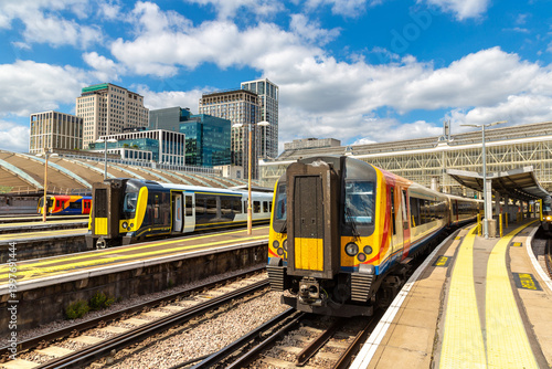 Trains at the platform of Waterloo railway station in London, UK
