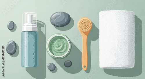 Skincare products and beauty tools flatlay.