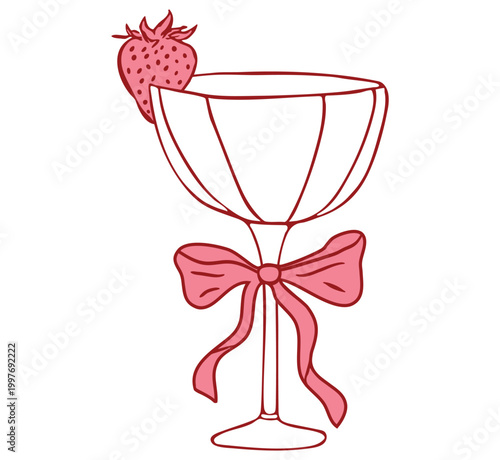 A whimsical hand drawn illustration of a coupe glass adorned with a sweet strawberry garnish and a dainty pink ribbon bow. Perfect for coquette aesthetic designs, cafe menus, and summer party cards.