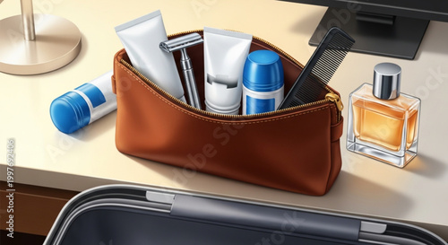 Brown leather travel case with toiletries.