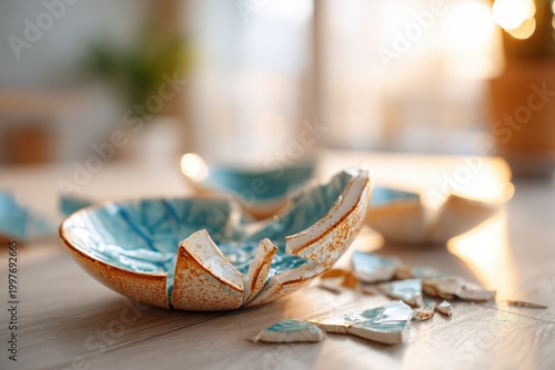 Broken turquoise ceramic bowl with scattered shards