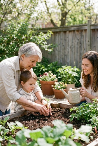 Multi-generational family planting a seedling in a backyard raised garden bed on a sunny day
