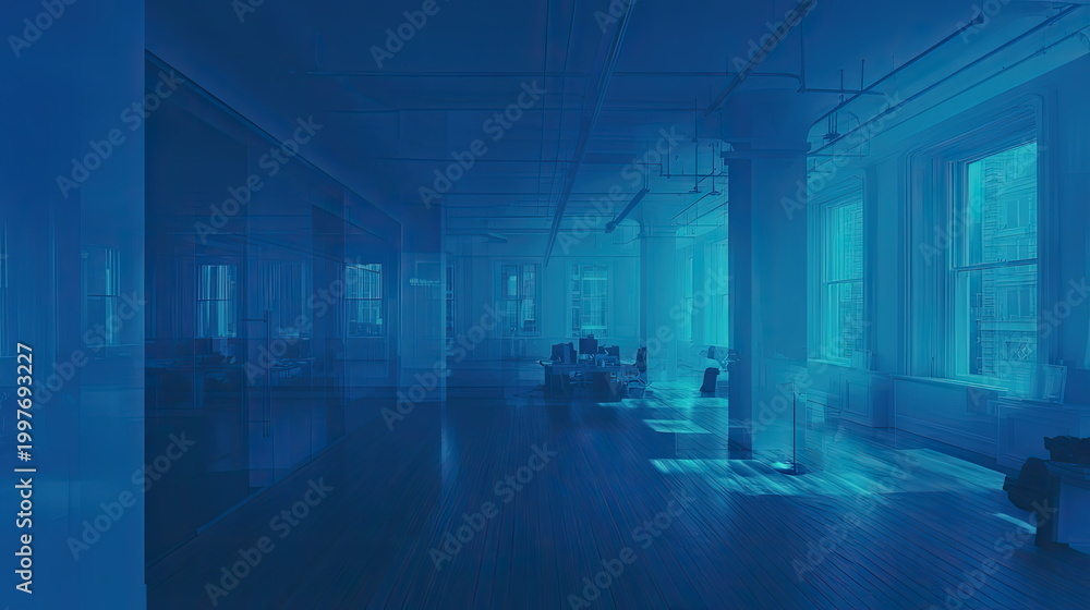 Fototapeta premium Empty modern office interior featuring an open plan layout, numerous large windows, and contemporary design, creating a sense of spaciousness and innovation