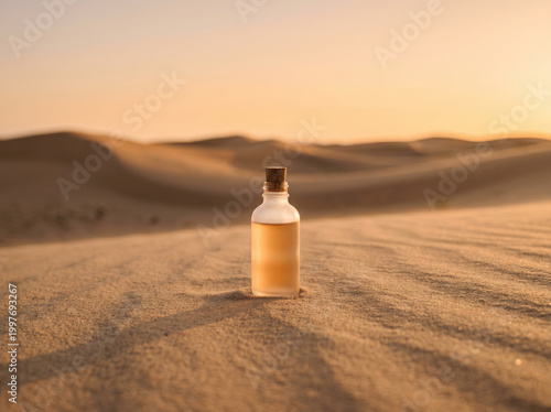 Minimal glass serum bottle on sand dunes at golden hour for skincare product branding and desert background use in beauty packaging and wellness banner design