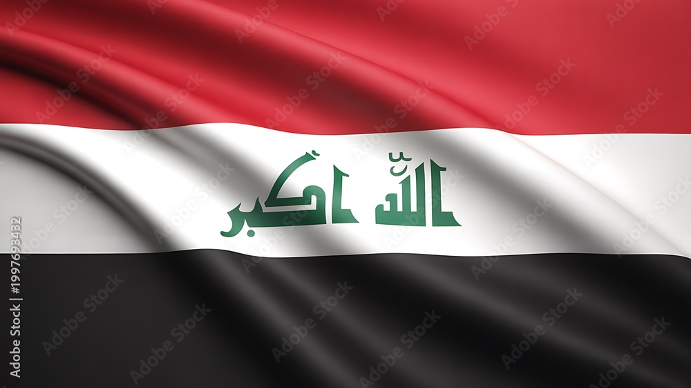 Naklejka premium Iraq national flag, waving fabric, Arabic script, red white black colors