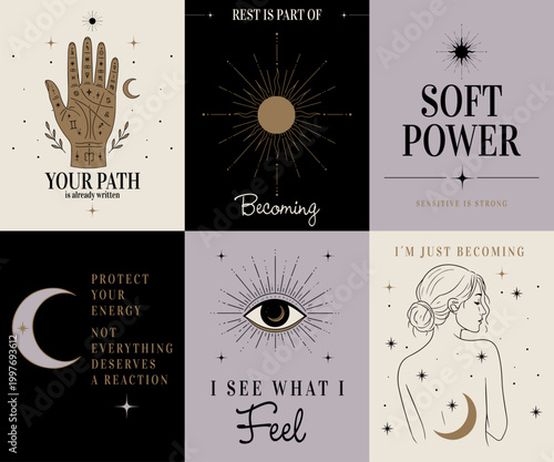 Mystical Palmistry Hand Illustration with Zodiac Symbols, Boho Spiritual Line Art