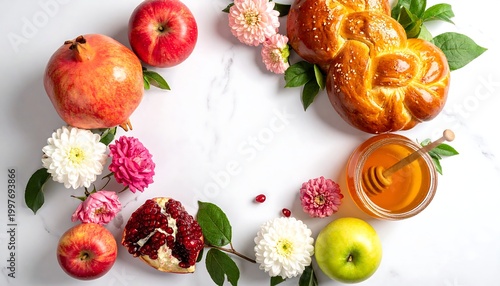 Overhead shot of a festive food arrangement including challah, fruit, flowers, and honey on a white marble surface