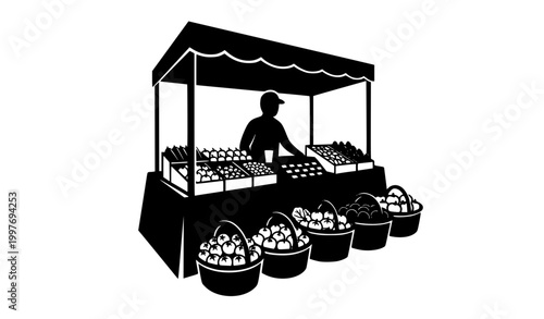 Minimalist farmers market stall silhouette vector with produce stand and seller isolated on white