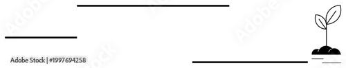 Growth, progress, sustainability, ecology, development, future goals. Minimal seedling sprouting from soil framed by horizontal lines. Growth and progress by sprouting seedling