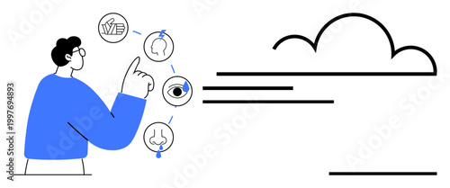 Sensory technology, cloud computing, data interaction, technological innovation, communication, human connection. Man pointing at sensory icons connected to a cloud. Sensory technology and cloud