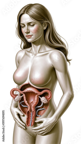 Woman holding her female reproductive organs.