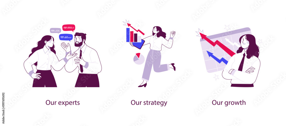 Fototapeta premium Modern flat illustration showing business experts discussing ideas, strategic planning, and company growth with charts, analytics, and teamwork concepts.