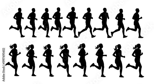 Running men and women, isolated vector silhouettes. Run, side view. Silhouettes of athletic looking male and female runners running. Transparent SVG version.