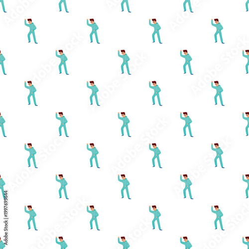 Man in blue pajamas pushing a wall, creating a seamless doodle pattern