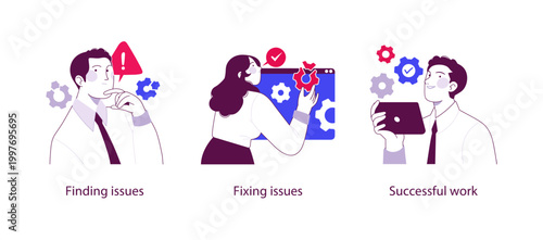 Flat business illustration showing problem identification, fixing issues, and successful work outcome through analysis, troubleshooting, and optimized workflow.