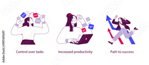 Flat business illustration showing control over tasks, increased productivity, and clear path to success through planning, focus, and effective work management.