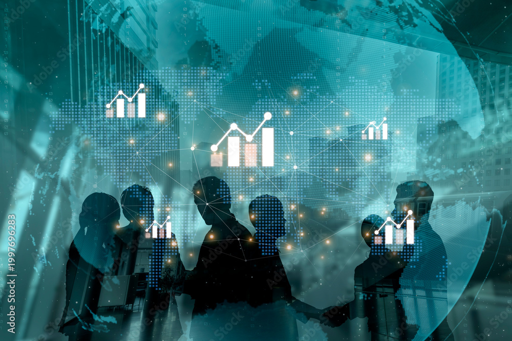 Obraz premium Visualization of global economic growth and stock market data. Financial chart analysis shows international business performance and investment opportunities in the world market. Fermion