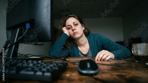 A visual echo of digital burnout, where the flickering screen reflects a hollowed-out spirit. It captures the heavy, stagnant air of a task that has no end and a mind that has reached its limit.