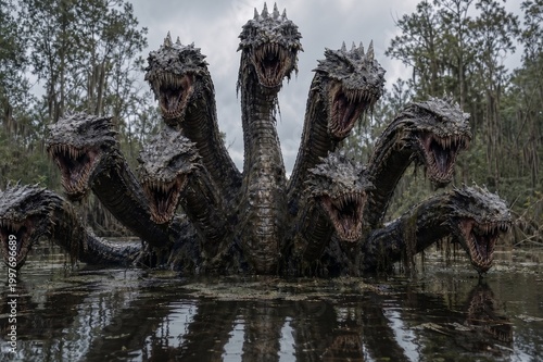 Hydra, a many-headed monster from ancient Greek mythology. When it loses a head, it grows two new ones. Water snake. Deadly breath and poisonous saliva. Lernaean Hydra or Hydra of Lerna. Generative AI