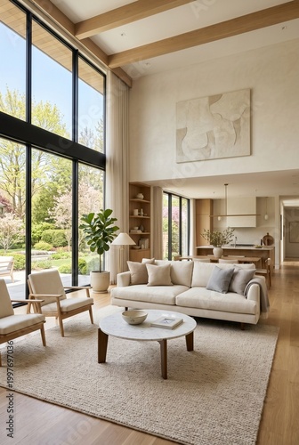 Luxurious Modern Living Room with High Ceilings and Large Windows Overlooking a Garden
