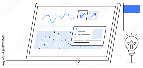 Business strategy, financial growth, data reporting, technology tools, market trends, analytics. View of a laptop displaying graphs and charts. Business strategy and analytics concept