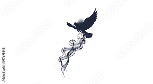 Dove flying with smoke trail representing peace and freedom concept